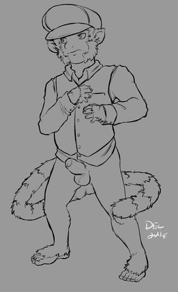 balls barefoot bottomless clothed clothing erection feet foreskin genitals headgear humanoid_genitalia humanoid_penis looking_away male partially_retracted_foreskin penis plantigrade shirt simple_background solo topwear vest delicatessen haplorhine humanoid mammal monkey primate 2016 digital_drawing_(artwork) digital_media_(artwork) greyscale line_art monochrome signature