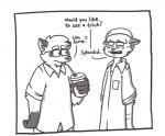 andy_(heyitscousindave) anthro beanie beverage clothed clothing coffee domestic_cat duo english_text eyewear felid feline felis food glasses hair hat headgear headwear heyitscousindave male mammal oliver_(heyitscousindave) procyonid raccoon simple_background text white_background