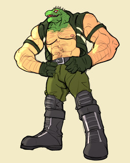 anthro barazoku body_hair boots chest_hair clothing flexing footwear gloves handwear head_spikes leather leather_clothing leather_topwear leather_vest looking_at_viewer male military_pants muscular muscular_anthro muscular_male shoes simple_background spikes spikes_(anatomy) topwear vest white_background rickleone dorohedoro kaiman_(dorohedoro) 4:5 hi_res