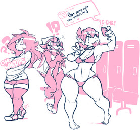 anthro beanie blush clothing collar female group hair hat headgear headwear interrobang locker_room nude selfie standing text thick_thighs tongue tongue_out underwear wide_hips jinti eulipotyphlan hedgehog human humanoid mammal english_text