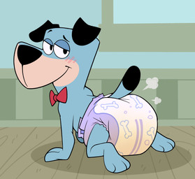 all_fours anthro big_diaper black_body black_fur blue_body blue_fur blue_wall blush bodily_fluids bone bow_tie clothed clothing diaper diaper_fetish diaper_only eyebrows floor fur genital_fluids half-closed_eyes looking_at_viewer male narrowed_eyes pink_body pink_fur purple_diaper raised_eyebrow red_bow_tie solo tape topless unclean_diaper urine used_diaper using_diaper wearing_diaper wet_diaper wetness_indicator white_diaper window_sill wood wood_floor bubblepuppers hanna-barbera the_huckleberry_hound_show huckleberry_hound canid canine canis coonhound domestic_dog hunting_dog mammal scent_hound absurd_res hi_res shaded