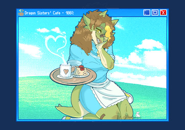 anthro beverage blonde_highlights blue_clothing blue_sky brown_hair clothing coffee coffee_mug dessert female food grass green_body hair highlights_(coloring) holding_object holding_plate operating_system plant plate pudding sky smile smiling_at_viewer smoke solo yellow_nose boggsart mythology logi_(boggsart) dragon mythological_creature mythological_scalie scalie alpha_channel digital_media_(artwork) hi_res