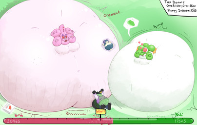 air_inflation bellows belly belly_expansion big_belly big_cheeks black_outline blush blush_lines bodily_fluids cheek_expansion close_to_bursting creaking dizzy_eyes donation_drive duo emoji expansion eyebrows eyes_closed fwoomp green_background green_body green_eyes heart_symbol hose hose_in_butt hose_inflation huge_belly huge_cheeks hyper hyper_belly hyper_inflation immobile inflation jewelry motion_lines outline pink_body puffed_cheeks red_bow simple_background speech_bubble stretch_marks sunken_head sunken_limbs sweat uwu white_body crestdraggy mario_bros nintendo pokemon leo_(oneblubberycroc) birdo dinosaur generation_8_pokemon indeedee pokemon_(species) prehistoric_species reptile scalie yoshi 2023 absurd_res hi_res