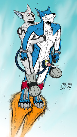 3_eyes black_markings blue_body blue_fur boots clothing cybernetic_eye cybernetic_limb cybernetic_tail cybernetics duo electrostimulation flying footwear fur grey_body grey_fur machine male male/male markings multi_eye orgasm riding_on_back rocket_boots shoes sky skyscape white_body white_fur topgearae86turbo power_rangers doggie_kruger zalno alien canid canine mammal hi_res