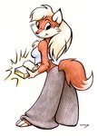 anthro black_eyes blonde_hair book clothed clothing female fully_clothed fur hair looking_back red_body red_fur simple_background smile solo white_background white_body white_fur megan_giles canid canine fox mammal red_fox true_fox 2004