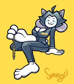 3_toes :3 anthro barefoot big_breasts big_feet blush breasts business_suit cleavage clothed clothing feet female foot_fetish foot_focus fur grey_hair hair huge_breasts huge_feet humanoid_feet inviting_viewer looking_at_viewer pen plantigrade simple_background solo suit toes white_body white_fur yellow_background smokey_the_menish undertale undertale_(series) temmie_(undertale) mammal tem temmie_(species) hi_res