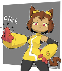 anthro armor border bottomwear breasts brown_body brown_hair clothed clothing club_arms eyewear eyewear_on_head female fur gauntlets gesture gloves goggles hair hand_gesture hand_on_hip handwear looking_at_viewer middle_finger pants short_hair simple_background sleeveless_clothing sleeveless_shirt smug solo tail text topwear whiskers white_border mardymuntjak gameoverse glitch_productions kit_bodega domestic_cat felid feline felis mammal 2026 digital_media_(artwork) hi_res