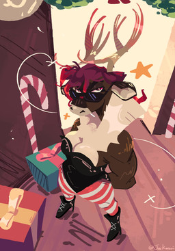 anthro boots breasts cleavage clothed clothing eyewear female footwear glasses holidays legwear muscular muscular_female shoes solo tights jackaroni christmas deer mammal new_world_deer reindeer absurd_res hi_res