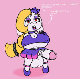 anthro balls big_balls big_breasts big_penis blonde_hair bodily_fluids breasts buckteeth clothed clothing cum dialogue erection footwear genital_fluids genitals gloves gynomorph hair handwear headgear headwear huge_balls huge_breasts huge_penis humanoid_genitalia humanoid_penis intersex lips lipstick looking_at_viewer makeup penis red_eyes shoes shortstack shortstack_gynomorph shortstack_intersex simple_background solo teeth text mr.under mario_bros nintendo super_mario_odyssey broodal hariet_(mario) lagomorph leporid mammal rabbit 2020 digital_media_(artwork) english_text hi_res