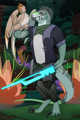 ambiguous_gender anthro bottomwear clothing detailed_background duo feathered_wings feathers feral green_body grey_body gun hard_light_construct holding_melee_weapon holding_object holding_sword holding_weapon holster jacket larger_anthro larger_male looking_at_viewer male male_anthro melee_weapon pants ranged_weapon shirt size_difference smaller_ambiguous smaller_feral smile standing striped_body stripes sword tail tan_body tan_feathers teeth topwear varinoth_(foxdragon) weapon wings meldritchhorror european_mythology mythology alien dinosaur dragon dromaeosaurid mythological_creature mythological_scalie prehistoric_species reptile saurischian scalie theropod velociraptor western_dragon wyvern 2019 2:3 absurd_res hi_res