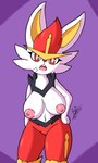 anthro areola band-aid band-aid_on_face bandage bandage_on_face big_breasts breasts cheek_tuft cinderace eyelashes facial_tuft female fur generation_8_pokemon hand_on_hip hi_res looking_at_viewer nintendo nipples open_mouth pink_areola pink_nipples pokemon pokemon_(species) purple_background red_body red_eyes red_fur rod_akihiro simple_background solo tuft white_body white_fur