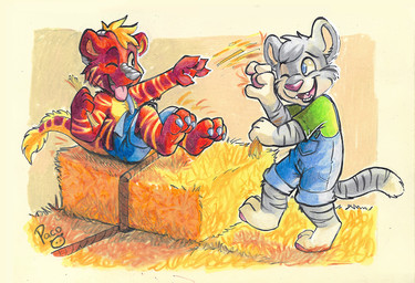 anthro blonde_hair blue_clothing blue_eyes blue_overalls cheek_tuft clothed clothing duo facial_tuft fingerpads fur glistening glistening_eyes grey_body grey_fur grey_hair grey_horn hair hay hay_bale horn logo male markings one_eye_closed open_mouth overalls pawpads pink_nose pink_pawpads pink_tongue playful red_body red_fur short_hair sitting standing striped_arms striped_legs striped_markings striped_tail stripes tail tail_markings tongue tongue_out tuft yellow_body yellow_fur young young_anthro young_male pandapaco mythology dragon felid mammal mythological_creature mythological_scalie pantherine scalie tiger artist_logo signature