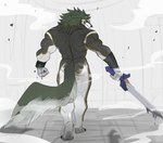 anthro anthrofied armor back_muscles barazoku big_butt big_muscles bracers butt claws clenched_teeth deltoids ear_piercing ear_ring fur hair holding_melee_weapon holding_object holding_sword holding_weapon looking_at_viewer looking_back looking_back_at_viewer male melee_weapon muscular muscular_anthro muscular_male nude piercing rear_view ring_piercing simple_background solo sword teeth thick_thighs triceps tuft unconvincing_armor walking weapon white_background ariyakonsuay nintendo the_legend_of_zelda link_(wolf_form) canid canine canis mammal wolf 2024 hi_res