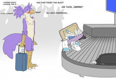 anthro arm_tuft beak blush cheek_tuft chest_tuft diaper embarrassed facial_tuft feathers featureless_crotch head_tuft leg_tuft luggage male male_anthro mouth_closed nude purple_body purple_eyes purple_feathers sex_toy shoulder_tuft simple_background solo standing text tuft vibrator wand_vibrator white_body white_feathers yellow_beak hardscales rothus avian 2025 dated english_text hi_res