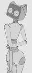 ambiguous_gender evil_face hand_behind_back holding_elbow looking_back machine screen screen_face sinister sinister_smile smile solo sparlott voices_of_the_void kerfur_omega_(votv) humanoid robot hi_res monochrome