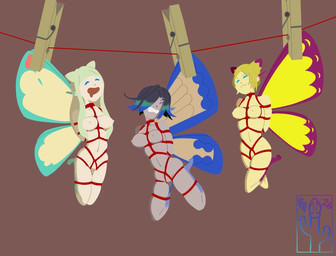 angry arms_tied bdsm blue_eyes bondage bound breasts clothes_pin fastener female frogtied genitals group hair hands_behind_back humanoid_pointy_ears insect_wings legs_tied long_hair looking_pleasured multicolored_hair nipples nude open_mouth pin_(fastener) pointy_ears restraints rope rope_bondage rope_harness short_hair simple_background smile submissive submissive_female suspension suspension_bondage teeth trio vulva wings pricklypastor_(artist) final_fantasy final_fantasy_xiv final_fantasy_xiv:_a_realm_reborn square_enix eos_(ffxiv) selene_(ffxiv) statice_(ffxiv) fairy humanoid winged_humanoid 2025 digital_drawing_(artwork) digital_media_(artwork) hi_res signature