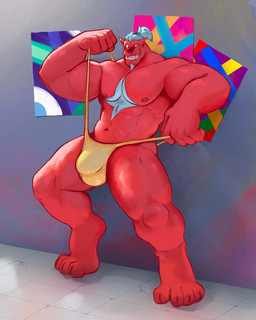 4_toes 5_fingers abs anthro barazoku beard biceps big_bulge big_hands big_muscles biped blue_beard blue_facial_hair blue_hair blue_markings bulge chest_markings claws clothed clothed_anthro clothed_male clothing clothing_pull detailed_background detailed_bulge facial_hair feet fingers floor genital_outline grin grinning_at_viewer hair huge_muscles humanoid_hands looking_at_viewer male male_anthro manly markings muscular muscular_anthro muscular_male navel nipples one-piece_swimsuit pecs penis_outline plantigrade ponytail poster pronounced_browridge red_body red_nose sling_bikini smile smiling_at_viewer solo standing swimwear swimwear_pull teeth three-quarter_view tile tile_floor tiptoes toe_claws toes topless topless_anthro topless_male underbite wall_(structure) yellow_clothing yellow_one-piece_swimsuit yellow_sling_bikini yellow_swimwear dullaram taz_(arts_of_indiego) demon 4:5 digital_media_(artwork) full-length_portrait hi_res portrait shaded