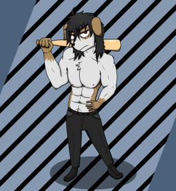 abs anthro armpit_hair baseball_bat bat_(object) black_hair body_hair grumpy hair hand_on_hip long_hair looking_at_viewer male muscular muscular_male nipples pecs perspective pose scar solo kisig canid canine canis domestic_dog mammal shih_tzu toy_dog hi_res