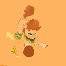 brown_hooves brown_mane brown_tail closed_smile clothing dust_cloud feathering female female_feral feral flower freckled_face freckles fur furrowed_brow green_clothing green_eyes green_legwear green_scarf green_stockings hooves legwear mane midair mouth_closed orange_background orange_flower pattern_clothing pattern_legwear pattern_stockings plant quadruped running scarf short_mane simple_background smile solo stockings striped_clothing striped_legwear striped_stockings stripes tail tan_body tan_fur unguligrade starburst_uwu hasbro my_little_pony fan_character rusty_gears earth_pony equid equine horse mammal pony 1:1 2023 absurd_res colored digital_drawing_(artwork) digital_media_(artwork) english_description hi_res shaded