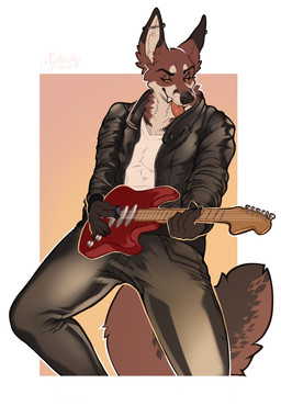 anthro black_body black_bottomwear black_clothing black_fur black_jacket black_nose black_pants black_topwear border bottomwear brown_body brown_fur clothed clothing dipstick_ears ear_markings electric_guitar fangs fur gradient_background guitar holding_guitar holding_musical_instrument holding_object jacket leather leather_clothing leather_jacket leather_topwear looking_aside male multicolored_ears musical_instrument narrowed_eyes orange_eyes pants playing_guitar playing_music plucked_string_instrument pupils red_tongue rocking_out simple_background slit_pupils solo standing string_instrument tan_body tan_fur teeth tongue tongue_out topwear white_border seraphictiger canid canine fox mammal red_fox true_fox hi_res signature