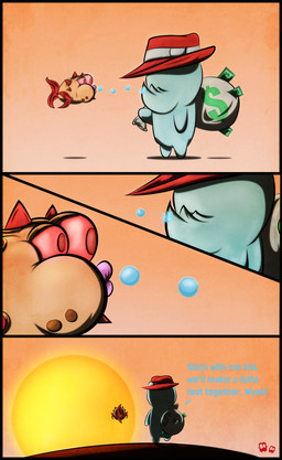 ambiguous_gender black_border border clothing duo hat headgear headwear male origin_story spikes spikes_(anatomy) sun text unknown_artist awesomenauts spike_(awesomenauts) vinnie_(awesomenauts) aquatic fish digital_media_(artwork) english_text hi_res