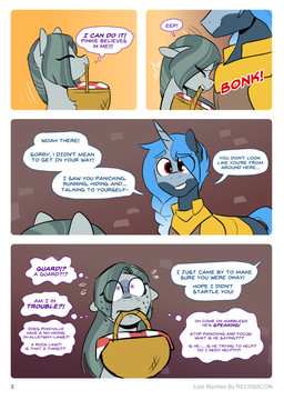 armor basket blue_hair clothing container dialogue duo eyebrow_through_hair eyebrows female feral grey_body hair horn male mouth_hold ponytail purple_eyes scared text thought_bubble translucent translucent_hair redxbacon friendship_is_magic hasbro my_little_pony mythology fan_character marble_pie_(mlp) pillow_talk_(redxbacon) earth_pony equid equine horse mammal mythological_creature mythological_equine pony unicorn absurd_res comic english_text hi_res