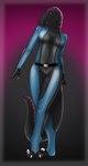 absurd_res anthro belt clothing dinosaur dromaeosaurid female hi_res incognito lovemummification pinup pose reptile scalie skinsuit smile solo suit theropod tight_clothing velociraptor