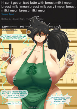 5_fingers apron areola big_breasts black_hair bodily_fluids breasts clothing container cup eyebrows female female_humanoid fingers green_apron green_clothing green_eyes hair holding_container holding_cup holding_object huge_breasts humanoid_pointy_ears lactating lactating_through_clothing looking_at_viewer not_furry pink_areola pointy_ears text wet wet_clothing richdraw i_mean_breast_milk starbucks humanoid 2021 absurd_res english_text hi_res meme url