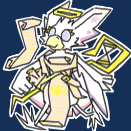 ambiguous_gender anthro beak fantasy feet golden_markings halo magic_user markings scroll staff standing star_(marking) talons toes white_body winged_arms wings writing_on_clothes anonymous_artist aphel avian chipori 1:1 alpha_channel