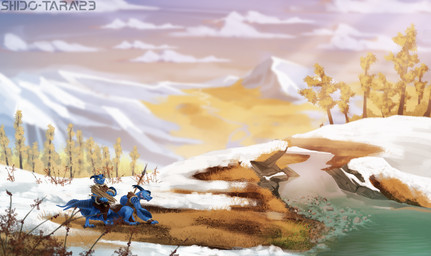 anthro blue_body clothed clothing cloud detailed_background duo female grass hunting male melee_weapon mountain nature plant polearm prehistoric river scales snow spear stick tree tribal tribal_clothing weapon winter wood yellow_eyes conditional_dnp shido-tara alien lizard reptile scalie hi_res sibling_(lore) twins_(lore)