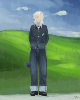 anthro biped black_clothing black_footwear black_shoes blonde_hair blue_bottomwear blue_clothing blue_jacket blue_pants blue_topwear boots bottomwear clothed clothing cloud cloudy_sky footwear fur grass green_grass hair hair_over_eyes hands_behind_back hill jacket landscape leather leather_boots leather_clothing leather_footwear long_hair looking_away multicolored_body multicolored_fur painterly pants plant purple_body purple_fur rolled_up_pants shoes simple_background sky solo standing tail textured_background topwear white_body white_fur borealhao bliss_(image) lamapola microsoft microsoft_windows windows_xp vinea_(lamapola) domestic_ferret mammal mustelid musteline true_musteline weasel 2026 4:5 absurd_res digital_media_(artwork) hi_res shaded signature nonbinary_(lore)