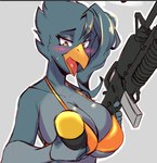 anthro assault_rifle beak big_breasts bodily_fluids bra breasts cleavage clothed clothing female grey_body grey_hair gun hair m16 m203 open_beak open_mouth ranged_weapon rifle skimpy solo sweat sweatdrop topwear underwear weapon tsukisuki avian bird bust_portrait portrait