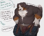 2023 anthro balls bernese_mountain_dog body_hair bottomwear bottomwear_pull brown_body canid canine canis chest_hair clothed clothing clothing_pull dialogue domestic_dog dot_eyes dressing einar_(tavern_of_spear) english_text fd-caro flaccid foreskin genitals hi_res humanoid_genitalia humanoid_penis looking_down male mammal molosser mountain_dog musclegut muscular no_underwear nude offscreen_character pants pants_pull partially_retracted_foreskin pecs penis pubes pulling_up_pants solo speech_bubble swiss_mountain_dog tavern_of_spear text thick_penis
