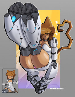 anthro bangs bangs_over_eyes black_nose breasts brown_body brown_fur brown_hair cat_tail cleavage clothed clothing detailed_background dress female footwear fur grey_clothing hair hair_over_eyes heart_tail high_heels joints lips panties pink_clothing pink_panties pink_underwear pose prosthetic prosthetic_arm prosthetic_leg prosthetic_limb robot_arms robot_joints robot_legs robotic_arm robotic_leg shoes short_dress solo tail thick_bottom_lip tight_clothing tight_dress underwear whiskers ishiexe gameoverse glitch_productions tina_(gameoverse) domestic_cat felid feline felis mammal absurd_res detailed hi_res reference_image watermark