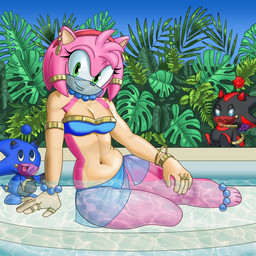 antenna_hair anthro black_body black_nose blue_body blue_eyes bottomwear bra breasts cleavage clothed clothing countershade_arms countershade_torso countershading curvy_figure ear_piercing eyelashes female glistening glistening_body glistening_skin green_eyes hair leg_bracelet markings navel partially_submerged piercing pink_body plant pointy_ears quills_(anatomy) red_markings ring_(jewelry) sitting solo underwear water arrowdarkened sega sonic_the_hedgehog_(series) amy_rose chao_(sonic) eulipotyphlan hedgehog mammal 1:1 absurd_res hi_res