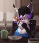 anthro big_breasts black_body black_fur breasts eating facial_piercing female fur inside kitchen lip_piercing looking_at_viewer multicolored_body piercing purple_eyes purple_nose solo steam white_body white_fur il'ka felid feline felis hybrid lynx mammal sand_cat hi_res