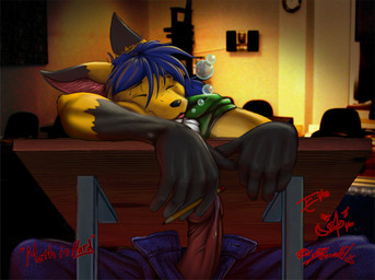 anthro big_penis black_body black_fur blue_bottomwear blue_clothing blue_hair bodily_fluids bottomwear bubble clock clothed clothing denim denim_bottomwear denim_clothing desk erection exposed eyes_closed fur furniture genital_fluids genitals green_clothing green_topwear hair happy homework humanoid_genitalia humanoid_penis humor inside jeans leg_markings male markings math morning_wood multicolored_hair open_bottomwear open_clothing open_pants pants penis precum pun shirt sleeping socks_(marking) solo table tongue tongue_out topwear visual_pun yellow_body yellow_fur beowulf_kennedy iceman_(artist) canid canine fox mammal digital_media_(artwork)
