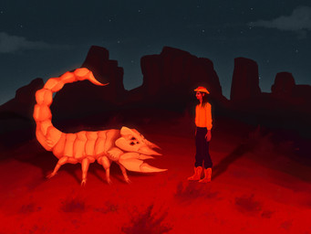 albino ambiguous_gender boots clothed clothing cowboy_boots cowboy_hat desert duo feral footwear fully_clothed hair hat headgear headwear long_hair looking_at_another mesa_(landscape) outside pincers shoes standing wearing_boots wearing_hat han_(artist) fallout microsoft julio_murrieta petunia_(han) human mammal radscorpion_(fallout) 4:3 english_description male_(lore)