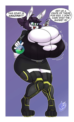 ahoge anthro big_breasts big_butt black_hair breast_expansion breasts butt cellphone cleavage clothed clothing dialogue electronics expansion female fur green_eyes hair huge_breasts hyper hyper_breasts liquid motion_lines open_mouth phone potion smartphone smile solo speech_bubble standing teeth text thick_thighs white_body white_fur wide_hips lunarspy lagomorph leporid mammal rabbit 2023 absurd_res character_request english_text hi_res signature