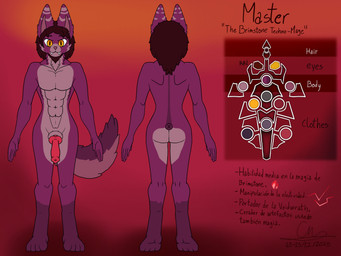 anthro color_swatch fur genitals knot knotted_penis male penis purple_body purple_fur solo text yellow_eyes cmaster1987 cmuniv34 master_(cmaster1987) canid canine canis domestic_cat felid feline felis hybrid mammal wolf 4:3 hi_res model_sheet spanish_description spanish_text