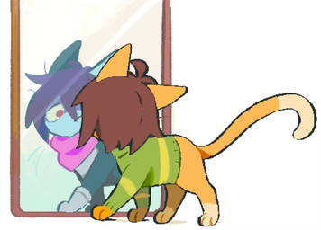 alternate_species ambiguous_gender blue_body blue_fur bottomless brown_hair clothed clothed_feral clothing digitigrade dipstick_tail feral feralized fur furrification hair kerchief leg_markings looking_at_mirror looking_at_object looking_at_reflection markings mirror multicolored_body multicolored_fur one_eye_obstructed purple_hair quadruped red_eyes reflection shirt side_view simple_background socks_(marking) solo tail tail_markings tan_body tan_fur topwear two_tone_body two_tone_fur whiskers white_background yellow_body yellow_fur ache13337003 deltarune undertale_(series) kris_dreemurr domestic_cat felid feline felis mammal 2025 digital_drawing_(artwork) digital_media_(artwork) hi_res shaded simple_shading
