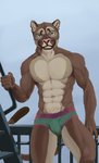 abs anthro balcony biceps bottomwear brown_body brown_eyes brown_fur bulge clothed clothing fire_escape fur looking_at_viewer male muscular muscular_anthro muscular_male outside skimpy solo standing momamo cougar felid feline mammal 2020 absurd_res hi_res