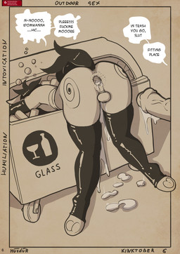 anthro anus armwear backsack balls bent_over bodily_fluids chastity_cage chastity_device clothing cum cum_drip cum_in_ass cum_inside cum_on_ground disembodied_penis dripping drunk drunk_sex dumpster duo femboy feminine gaping gaping_anus genital_fluids genitals inside_trash_can latex latex_armwear latex_clothing latex_legwear latex_thigh_highs leaking_cum leaning leaning_forward legwear male outdoor_nudity outside_sex penis profanity sex substance_intoxication text thigh_highs trash_can wearing_chastity_cage wearing_chastity_device husdur hasbro kinktober kinktober_2025 my_little_pony fan_character equid equine horse mammal pony 2025 english_text hi_res monochrome