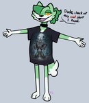 3_toes 5_fingers anthro barefoot clothing feet female fingers fur green_body green_fur green_hair hair looking_at_viewer open_mouth print_clothing print_shirt print_t-shirt print_topwear shirt solo t-shirt tail talking_to_viewer text toes topwear yellow_sclera ncs gamecade_(ncs) meme_clothing nance_(ncs) canid canine canis mammal wolf english_text hi_res meme