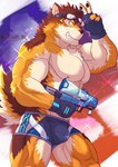 anthro biceps bottomwear bulge clothing countershading eyewear fingerless_gloves gloves goggles grin handwear hip_window male muscular muscular_anthro muscular_male pecs shirtless shorts smile solo swimwear thick_thighs toy toy_gun water_gun ortwin_rd lifewonders live_a_hero barrel_(live_a_hero) canid canine canis mammal wolf hi_res