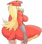 2019 anthro avian big_butt blaziken blonde_hair blue_eyes breasts butt crouching danonymous feathers female generation_3_pokemon hair happy hi_res long_hair looking_back muscular muscular_anthro muscular_female nintendo nipples non-mammal_breasts non-mammal_nipples nude open_mouth open_smile pokemon pokemon_(species) scuted_arms scutes simple_background smile solo tongue white_background