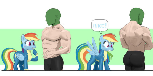 bodysuit clothed clothing duo female feral hair long_hair male male/female multicolored_hair multicolored_tail muscular muscular_human muscular_male purple_eyes quadruped rainbow_hair rainbow_tail skinsuit speech_bubble tail text thought_bubble tight_clothing wings ton618 friendship_is_magic hasbro my_little_pony mythology anon rainbow_dash_(mlp) equid equine human mammal mythological_creature mythological_equine pegasus hi_res