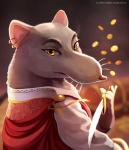 anthro clothed clothing coin dagger ear_piercing fur gold_(metal) gold_coin grey_body grey_fur looking_at_viewer male melee_weapon piercing solo text treasure weapon tragobear armello league_of_geeks mercurio_(armello) mammal murid murine rat rodent 2016 english_text