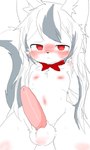 anthro balls blush blush_lines bodily_fluids bow_tie fluffy fluffy_balls fluffy_tail genitals grey_hair hair looking_at_viewer male navel nipples penis red_bow red_bow_tie red_eyes solo sweat tail white_hair chano better_version_at_source hi_res