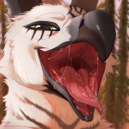 beak black_beak black_eyelids black_stripes blurred_background bodily_fluids dripping fur green_eyes half-closed_eyes looking_at_viewer male markings mouth_shot narrowed_eyes open_beak open_mouth open_smile outside red_insides red_tongue saliva saliva_drip saliva_on_tongue saliva_string smile solo striped_body striped_fur striped_markings stripes tongue tongue_out white_body white_fur kysokofwater mythology avian gryphon mythological_avian mythological_creature 1:1 2023 colored digital_drawing_(artwork) digital_media_(artwork) hi_res shaded